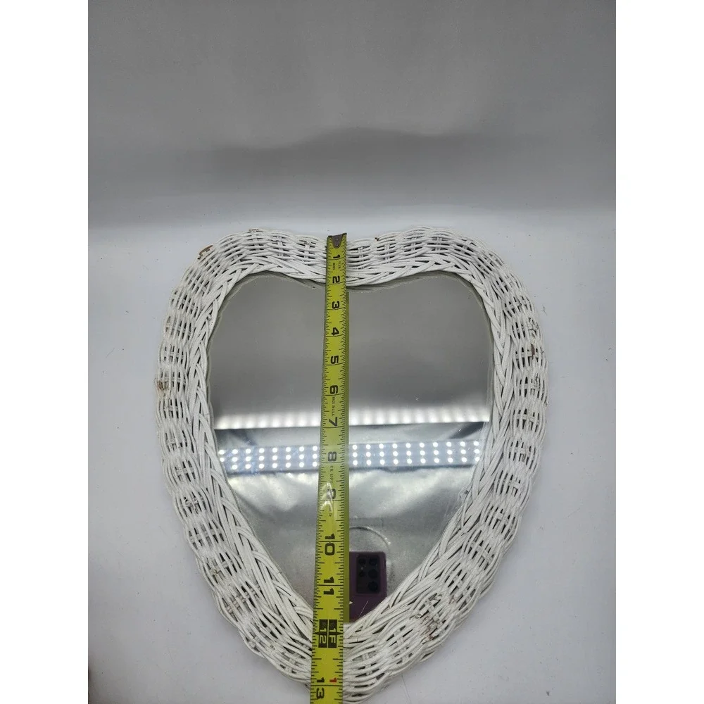 Vintage Heart Shaped White Wicker Wall Mirror Cottagecore Boho Decor